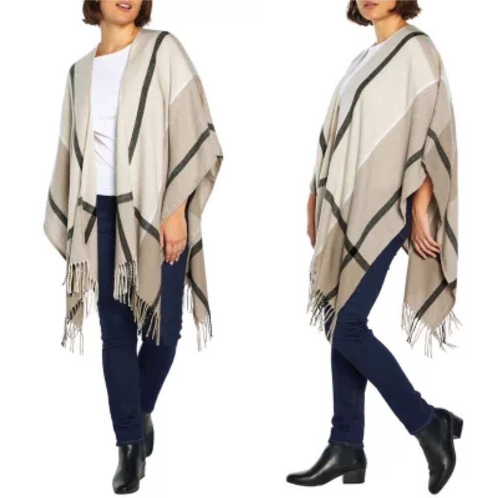 NWT Three Dots Neutral Tan/Black Plaid Miranda Cashmere Wrap One Size
